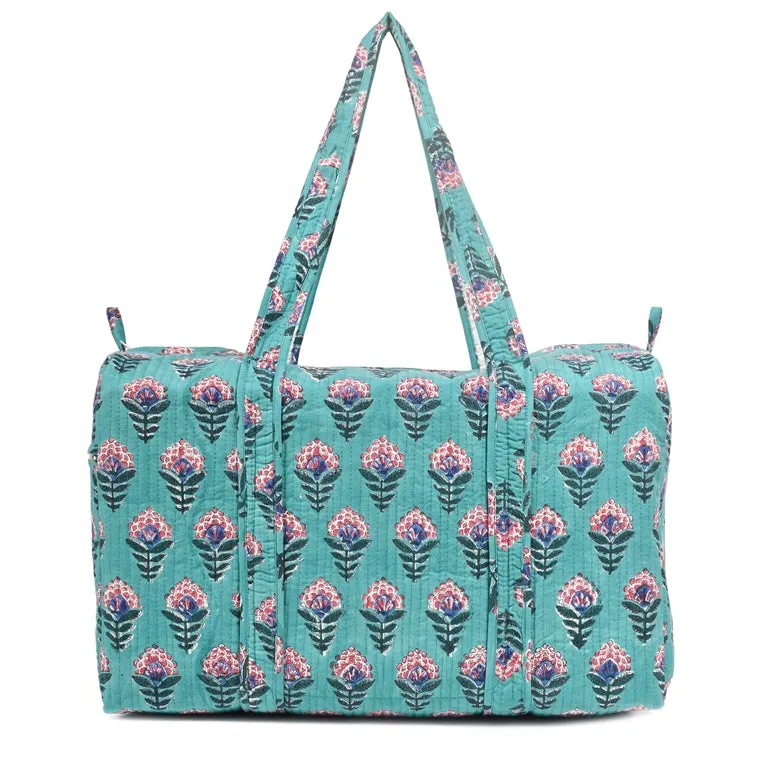 SNAKE CHARM GREEN HAND BLOCK PRINTED QUILTED TRAVEL DUFFLE BAG BIG