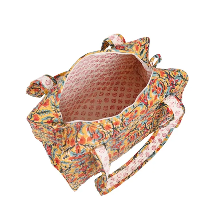 SNAPDRAGONS HAND BLOCK PRINTED QUILTED TRAVEL MICRO DUFFLE BAG