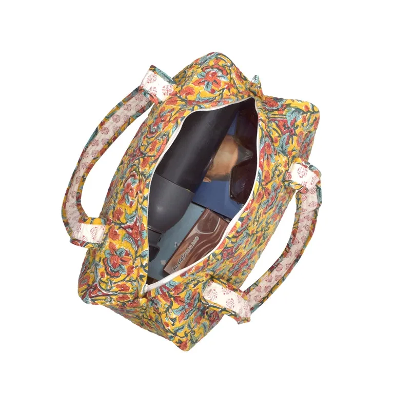 SNAPDRAGONS HAND BLOCK PRINTED QUILTED TRAVEL MICRO DUFFLE BAG
