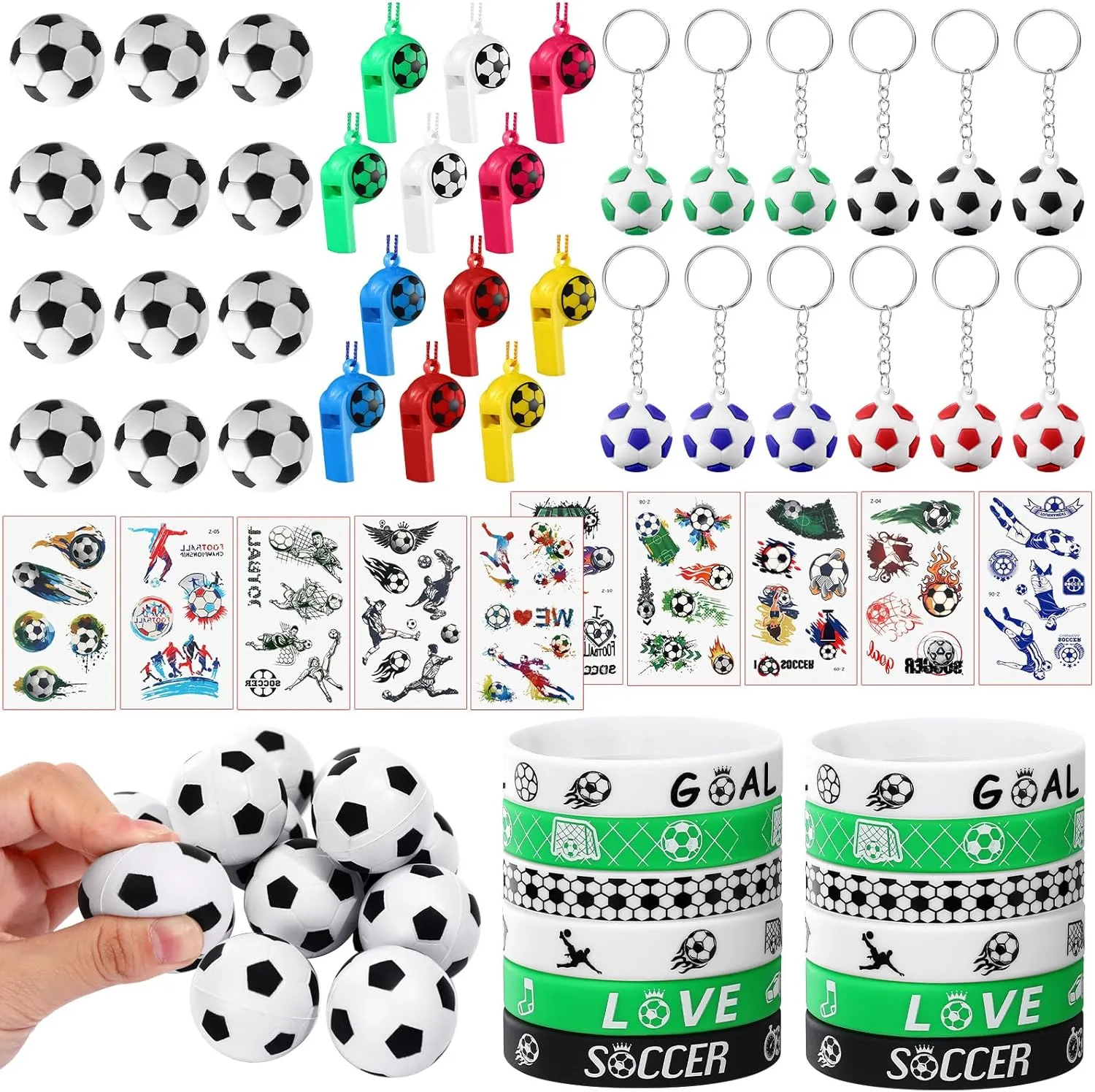 Soccer Party Favors Set, Soccer Toy Whistle Stress Ball Keychain Silicone Bracelet Soccer Stickers for Soccer Birthday Party Soccer Goodie Bag Fillers(70 Pcs)