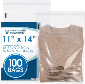 Spartan Industrial - 11” X 14” (100 Count) Self Seal Clear Poly Bags with Suffocation Warning for Packaging, T Shirts & Shipping - Resealable Glue