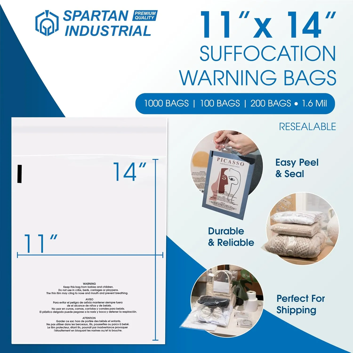 Spartan Industrial - 11” X 14” (100 Count) Self Seal Clear Poly Bags with Suffocation Warning for Packaging, T Shirts & Shipping - Resealable Glue
