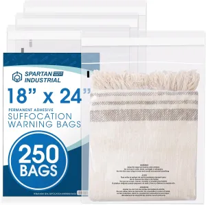 Spartan Industrial - 18" X 24" (250 Count) Self Seal Clear Poly Bags with Suffocation Warning for Packaging, Shipping & FBA - Permanent Adhesive