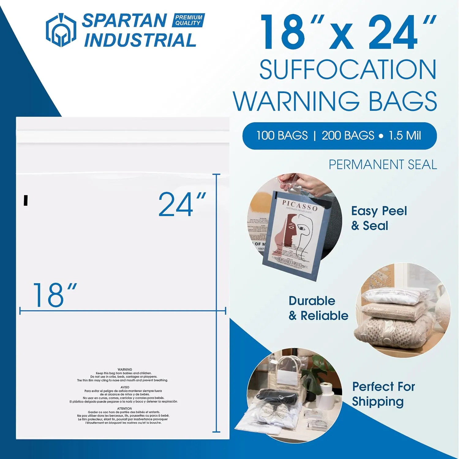 Spartan Industrial - 18" X 24" (250 Count) Self Seal Clear Poly Bags with Suffocation Warning for Packaging, Shipping & FBA - Permanent Adhesive
