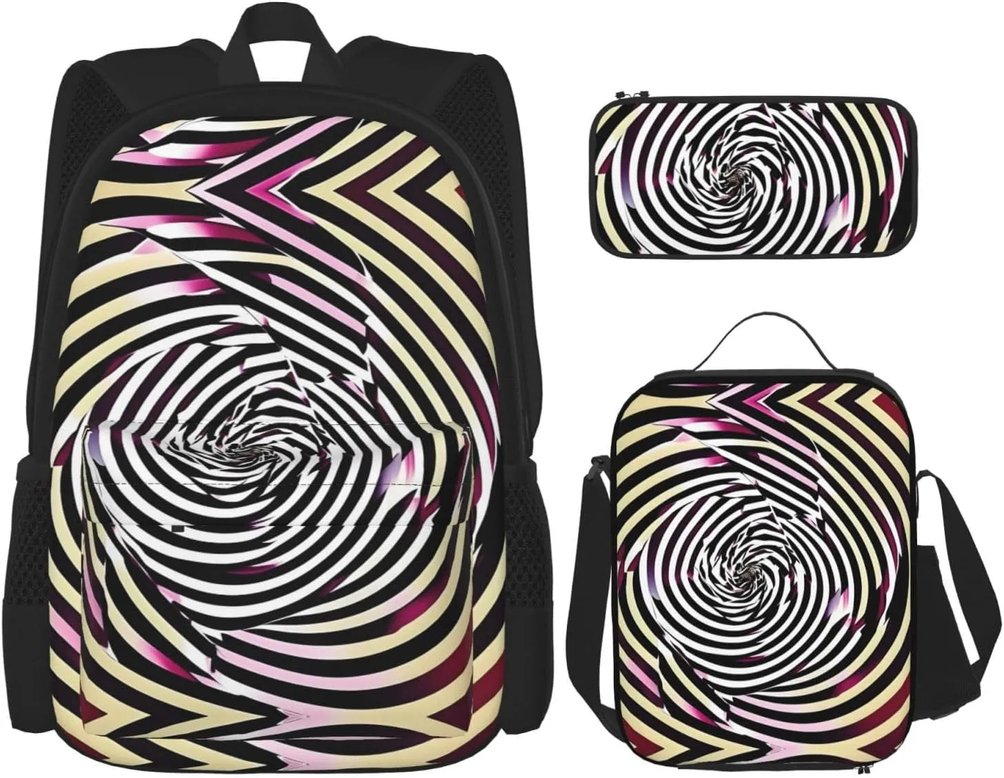Spiral Optical Illusion Gif Print Travel Backpack For Women 3-Piece Set With Insulated Lunch Box,For Outdoor Travel