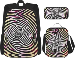 Spiral Optical Illusion Gif Print Travel Backpack For Women 3-Piece Set With Insulated Lunch Box,For Outdoor Travel