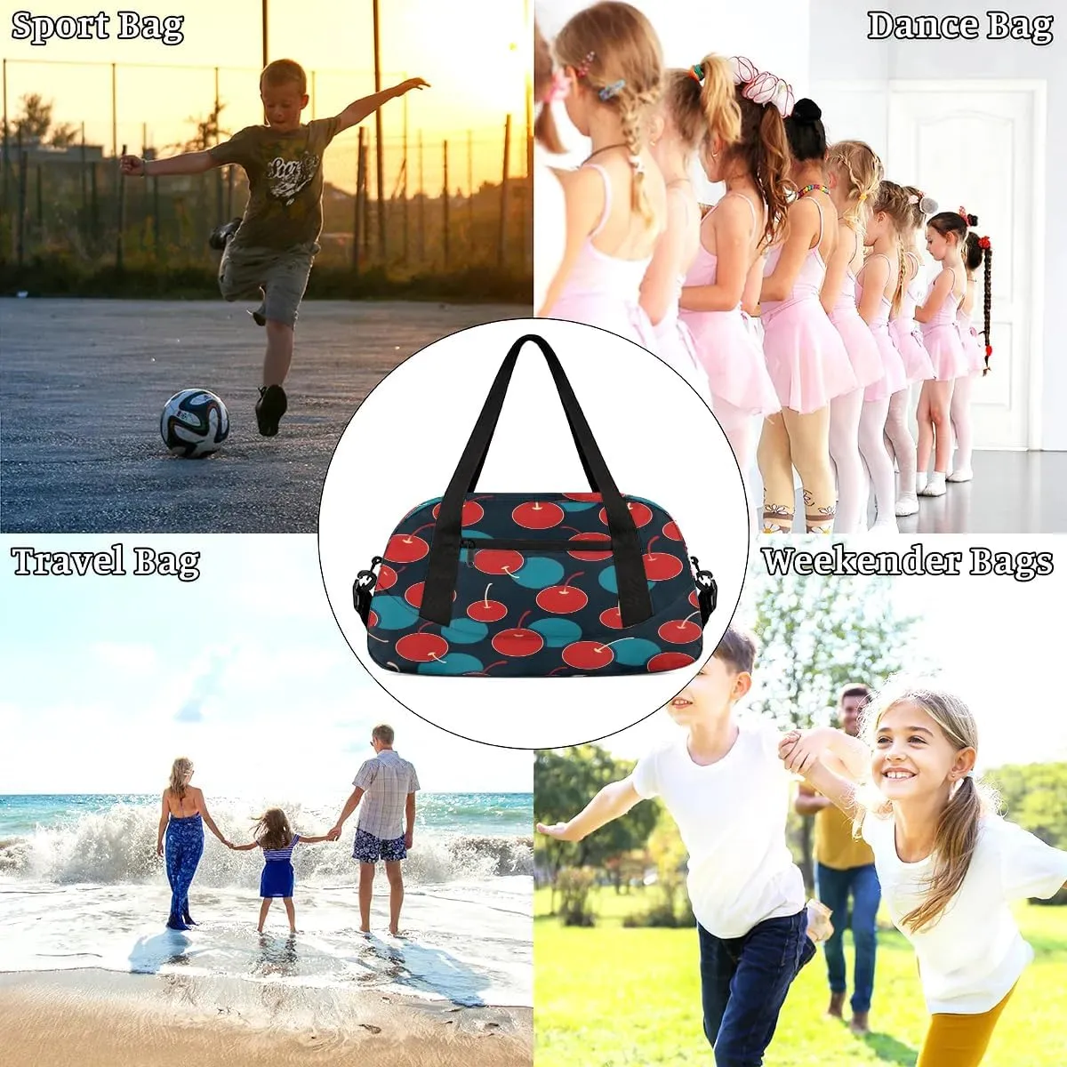 Sport Duffel Bag Cherries Printed Kids Gym Bag Weekender Overnight Bags for Boys Girls Teens Carry On Workout Travel Bag