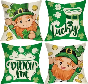 St Patricks Day Leprechaun Decorative Throw Pillow Covers 18 x 18 Set of 4, Lucky Boots Pinch Me Pot of Gold Porch Outdoor Home Decor, Spring Irish Shamrock Clover Couch Cushion Case