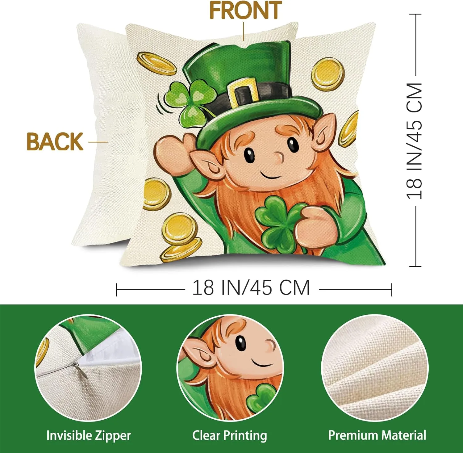 St Patricks Day Leprechaun Decorative Throw Pillow Covers 18 x 18 Set of 4, Lucky Boots Pinch Me Pot of Gold Porch Outdoor Home Decor, Spring Irish Shamrock Clover Couch Cushion Case