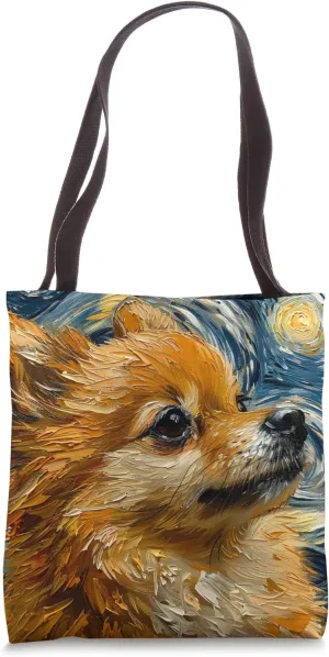 Starry Night Van Gogh Style Pomeranian Dog Portrait Tote Bag