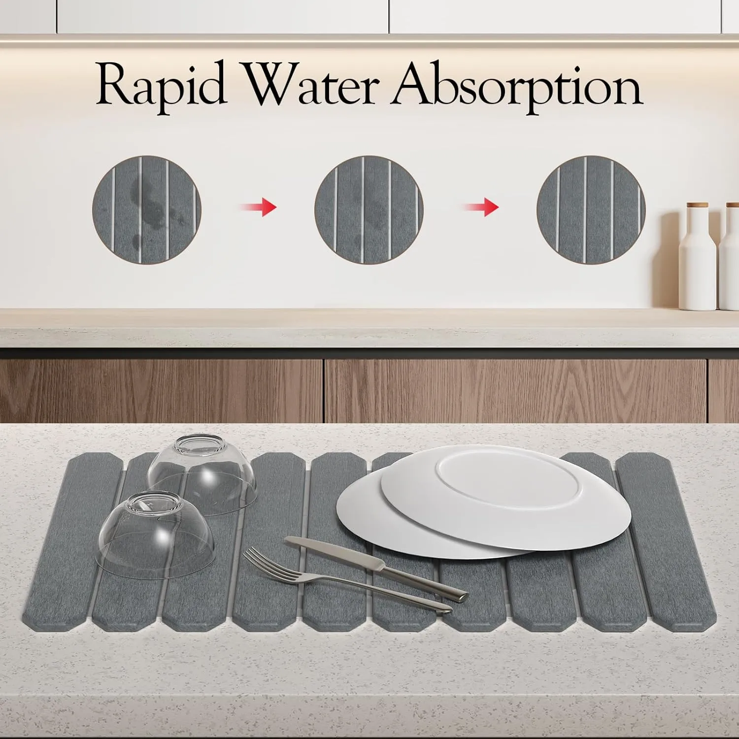 Stone Drying Mat For Kitchen Counter, Large Stone Dish Drying Mats Foldable, Quick Dry Water Absorbent Diatomaceous Earth Dishes Mat for Cups Bottles, 24" x 16", Grey
