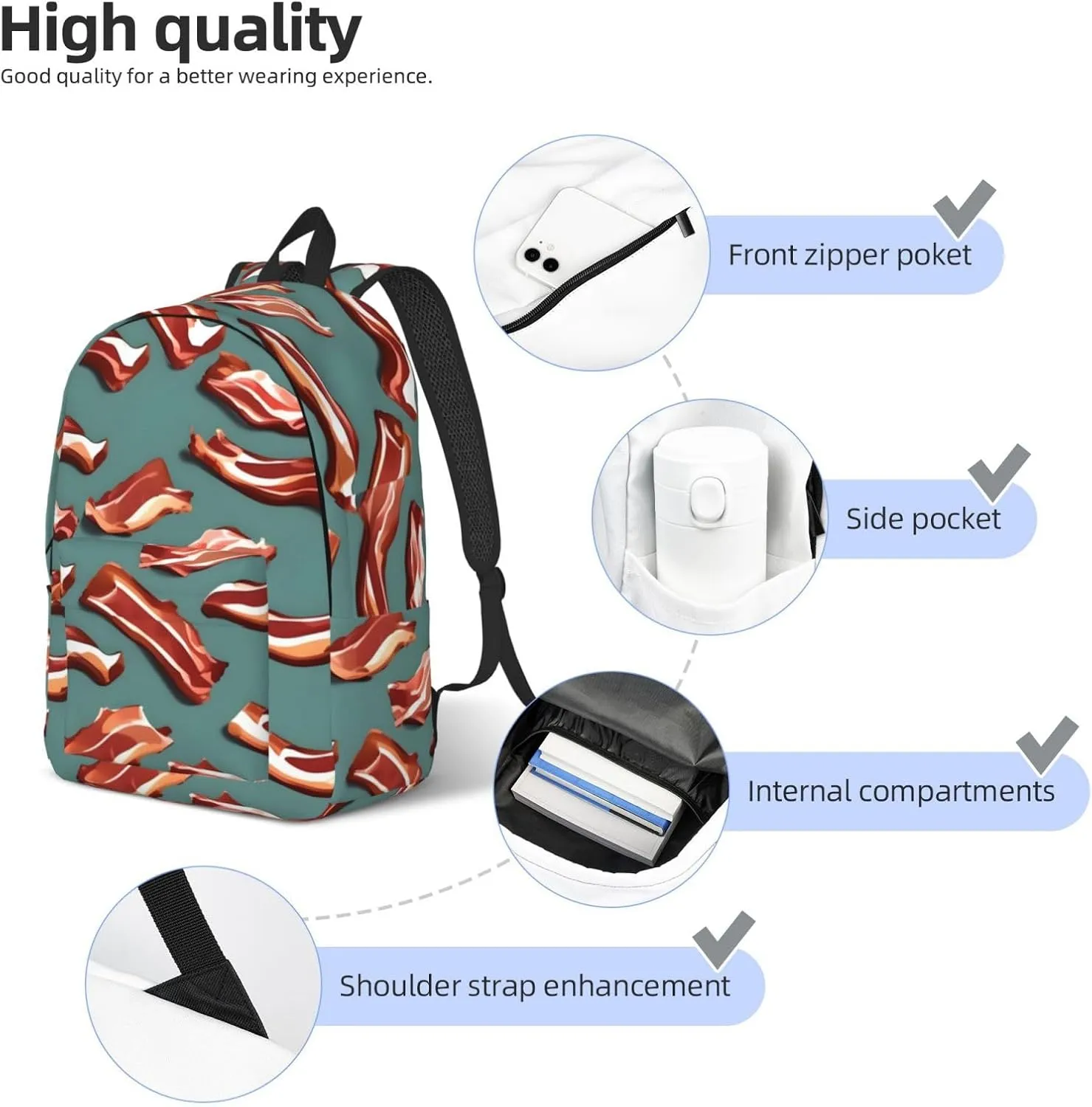Streaky Bacon Pattern Canvas Casual Lightweight Duffel Bag, Fashion Duffel Bag, Casual Daypack, Unisex Travel Backpack