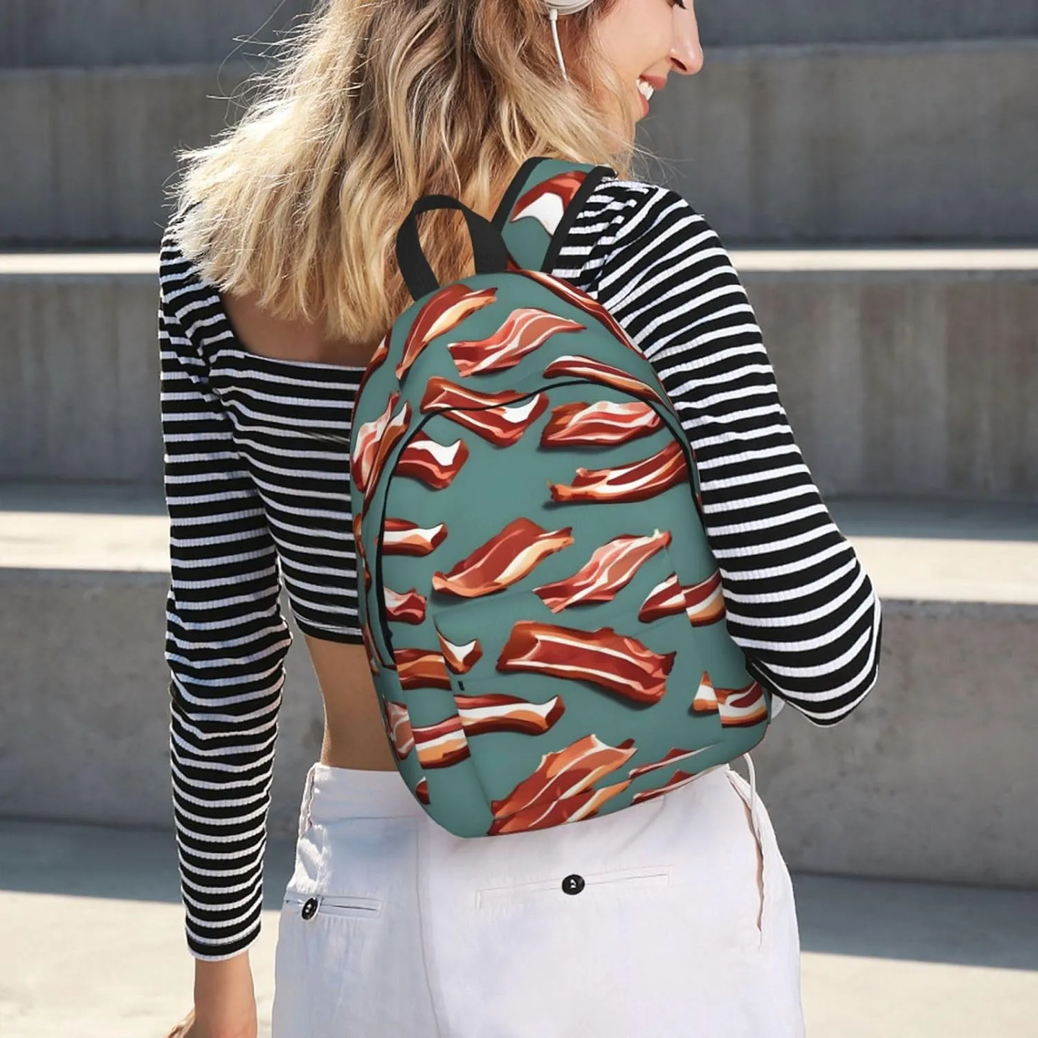 Streaky Bacon Pattern Canvas Casual Lightweight Duffel Bag, Fashion Duffel Bag, Casual Daypack, Unisex Travel Backpack