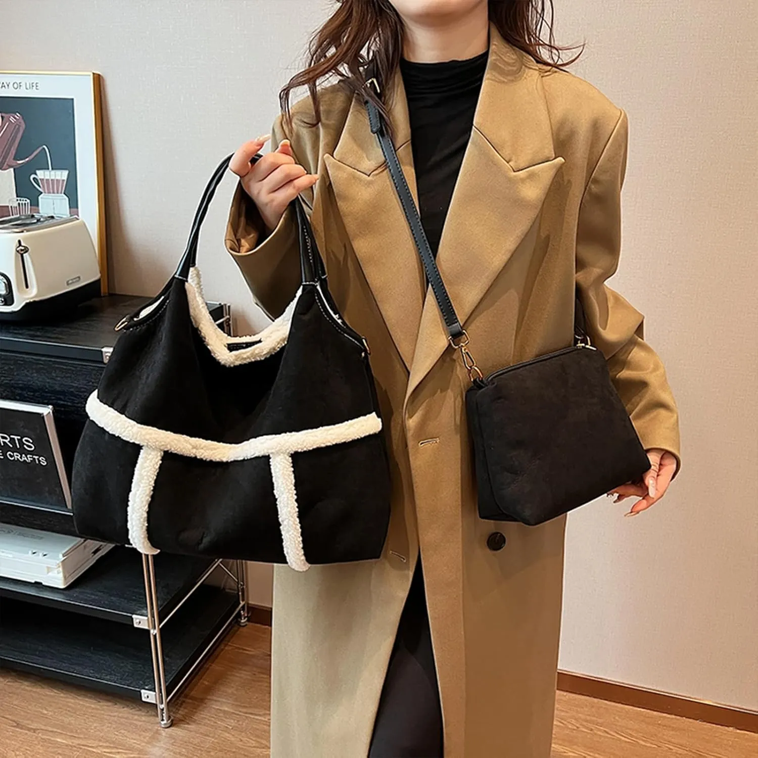 Suede Bags for Women Faux Fur Purse Brown Suede Handbag with Small Wallet Slouchy Shoulder Crossbody Bag