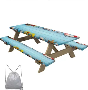 Summer Beach Picnic Table Cover with Bench Covers Blue Wooden Plank Fitted Rectangle Table Cover Outdoor Patio Camping Essentials 72 inch 3PCS Camping Fitted Tablecloth with Drawstring Bag