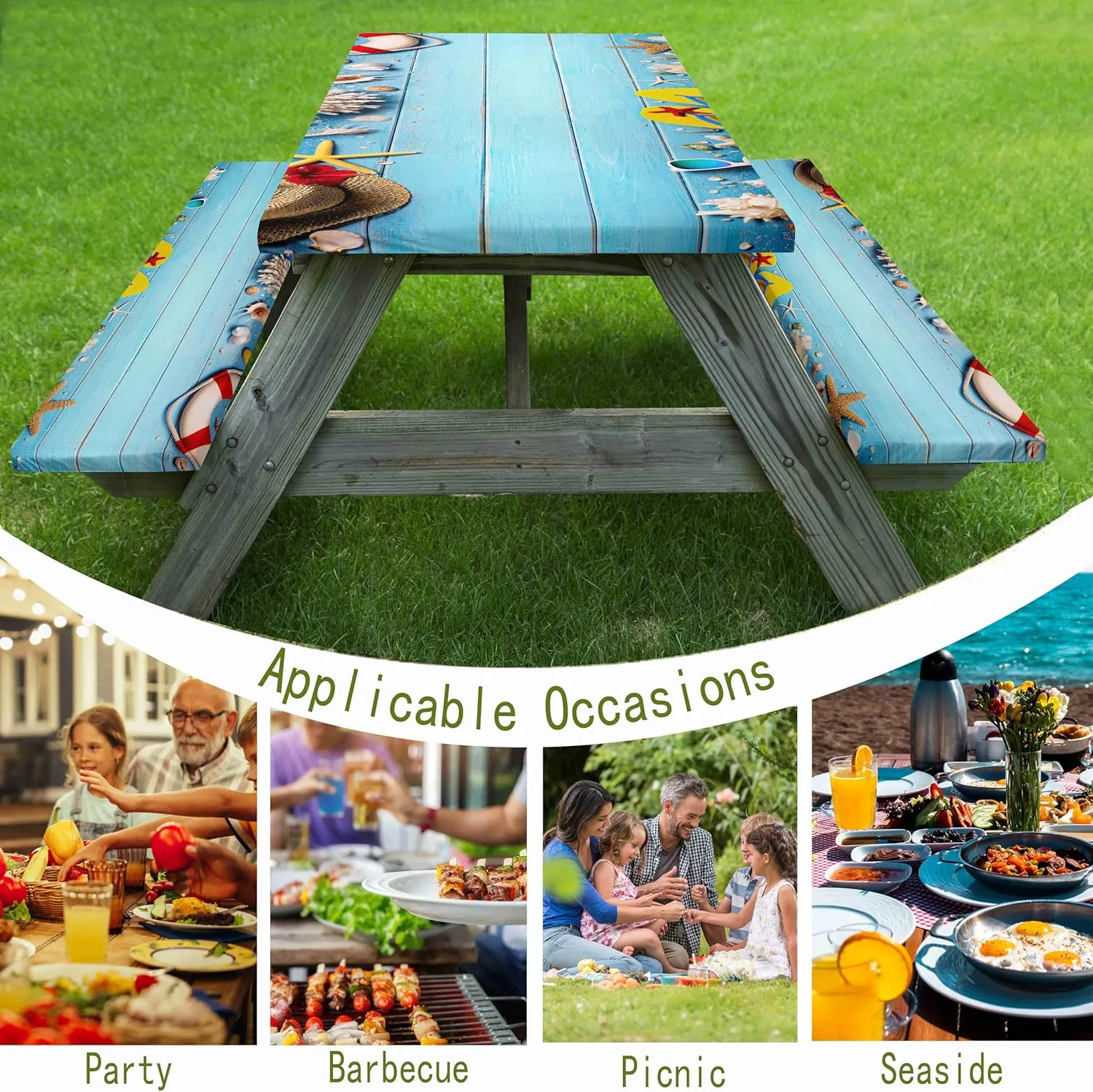 Summer Beach Picnic Table Cover with Bench Covers Blue Wooden Plank Fitted Rectangle Table Cover Outdoor Patio Camping Essentials 72 inch 3PCS Camping Fitted Tablecloth with Drawstring Bag