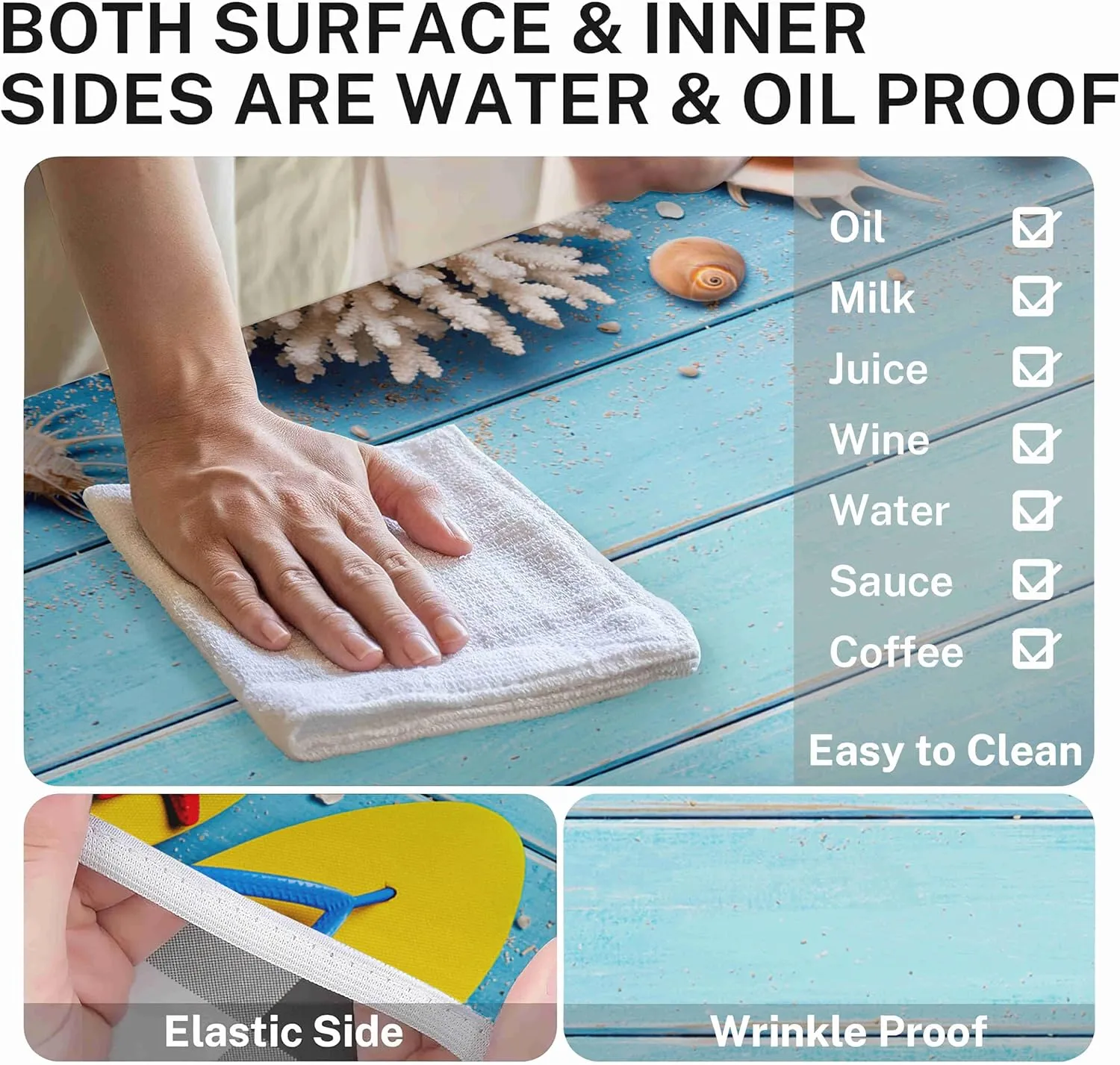 Summer Beach Picnic Table Cover with Bench Covers Blue Wooden Plank Fitted Rectangle Table Cover Outdoor Patio Camping Essentials 72 inch 3PCS Camping Fitted Tablecloth with Drawstring Bag