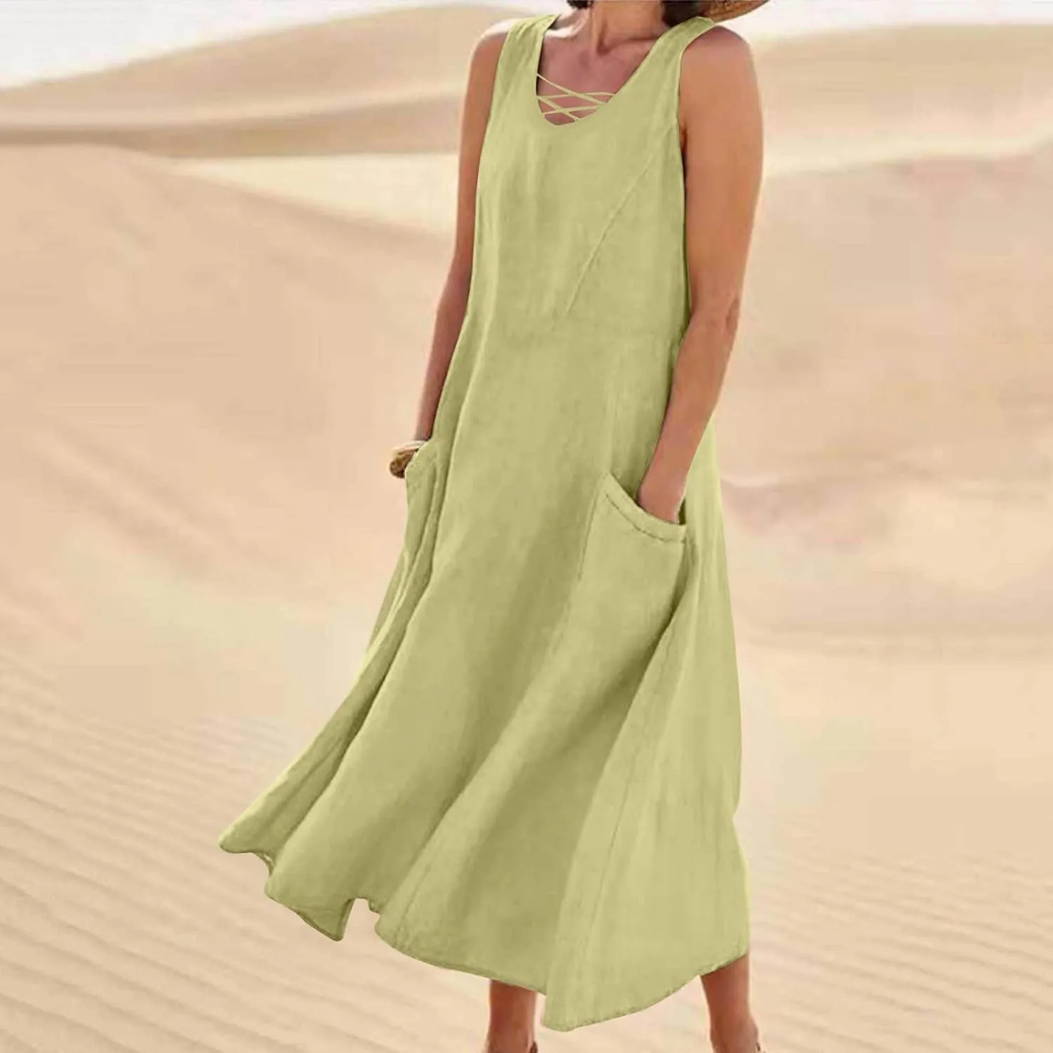 Summer Dresses for Women Casual Tank Sundress Criss Cross V Neck Sleeveless Beach Vacation Maxi Dresses with Pockets