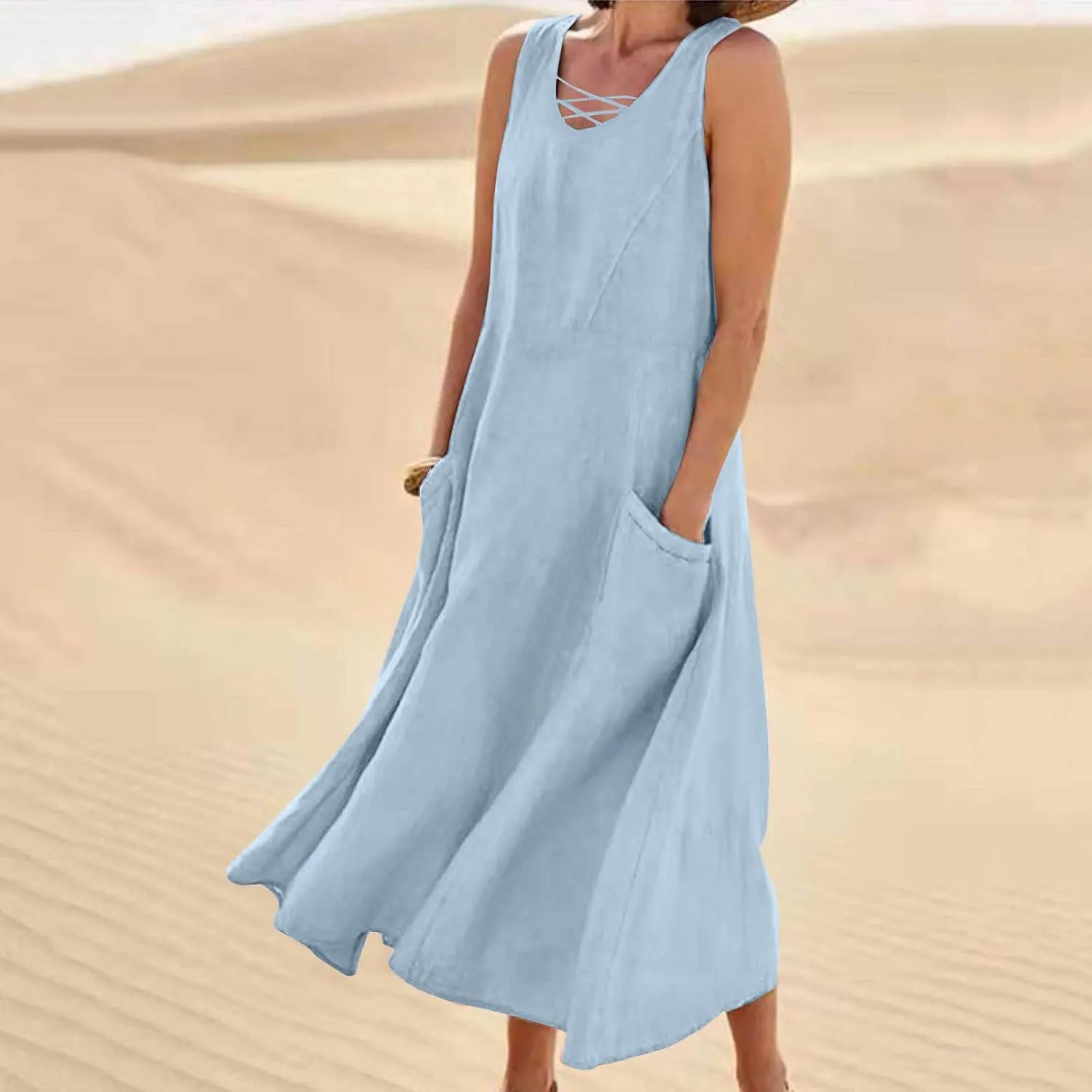 Summer Dresses for Women Casual Tank Sundress Criss Cross V Neck Sleeveless Beach Vacation Maxi Dresses with Pockets