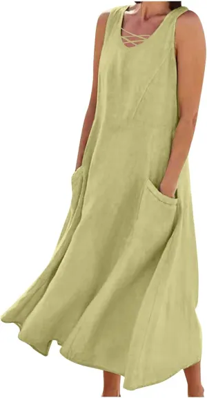 Summer Dresses for Women Casual Tank Sundress Criss Cross V Neck Sleeveless Beach Vacation Maxi Dresses with Pockets