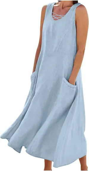 Summer Dresses for Women Casual Tank Sundress Criss Cross V Neck Sleeveless Beach Vacation Maxi Dresses with Pockets