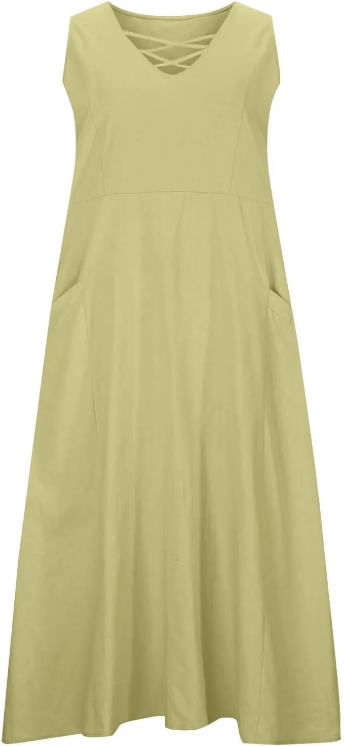 Summer Dresses for Women Casual Tank Sundress Criss Cross V Neck Sleeveless Beach Vacation Maxi Dresses with Pockets