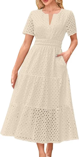 Summer Dresses for Women Cotton Eyelet Short Sleeve V Neck A Line Maxi Dress Casual Beach Coverups with Pockets