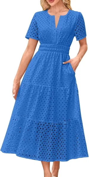 Summer Dresses for Women Cotton Eyelet Short Sleeve V Neck A Line Maxi Dress Casual Beach Coverups with Pockets