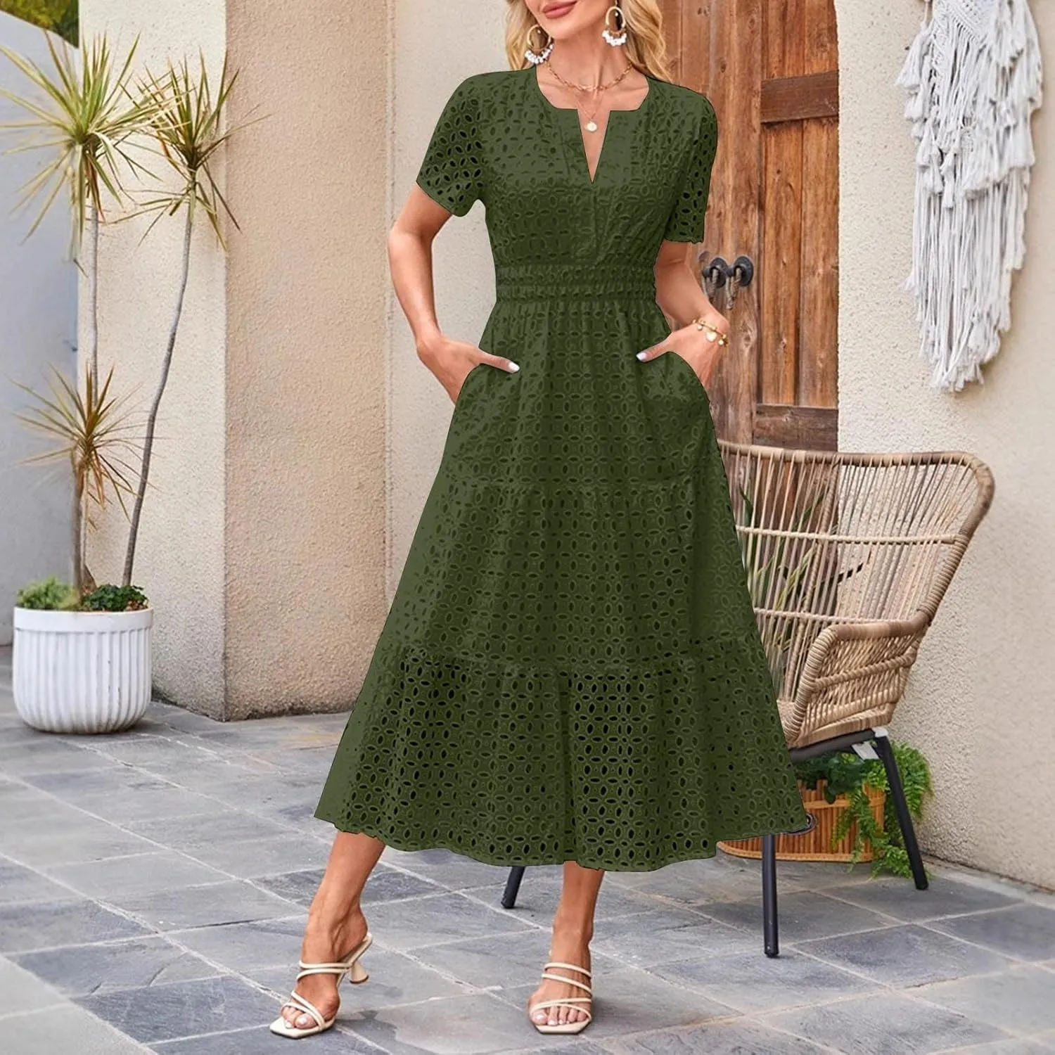 Summer Dresses for Women Cotton Eyelet Short Sleeve V Neck A Line Maxi Dress Casual Beach Coverups with Pockets