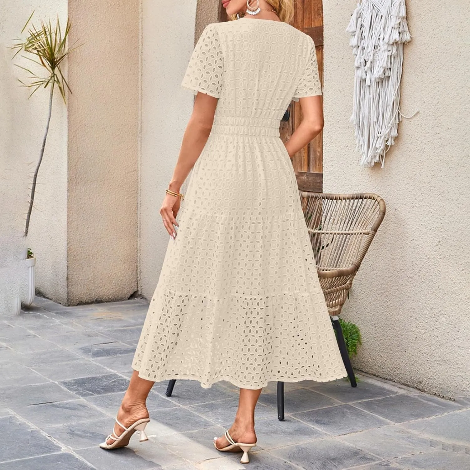 Summer Dresses for Women Cotton Eyelet Short Sleeve V Neck A Line Maxi Dress Casual Beach Coverups with Pockets