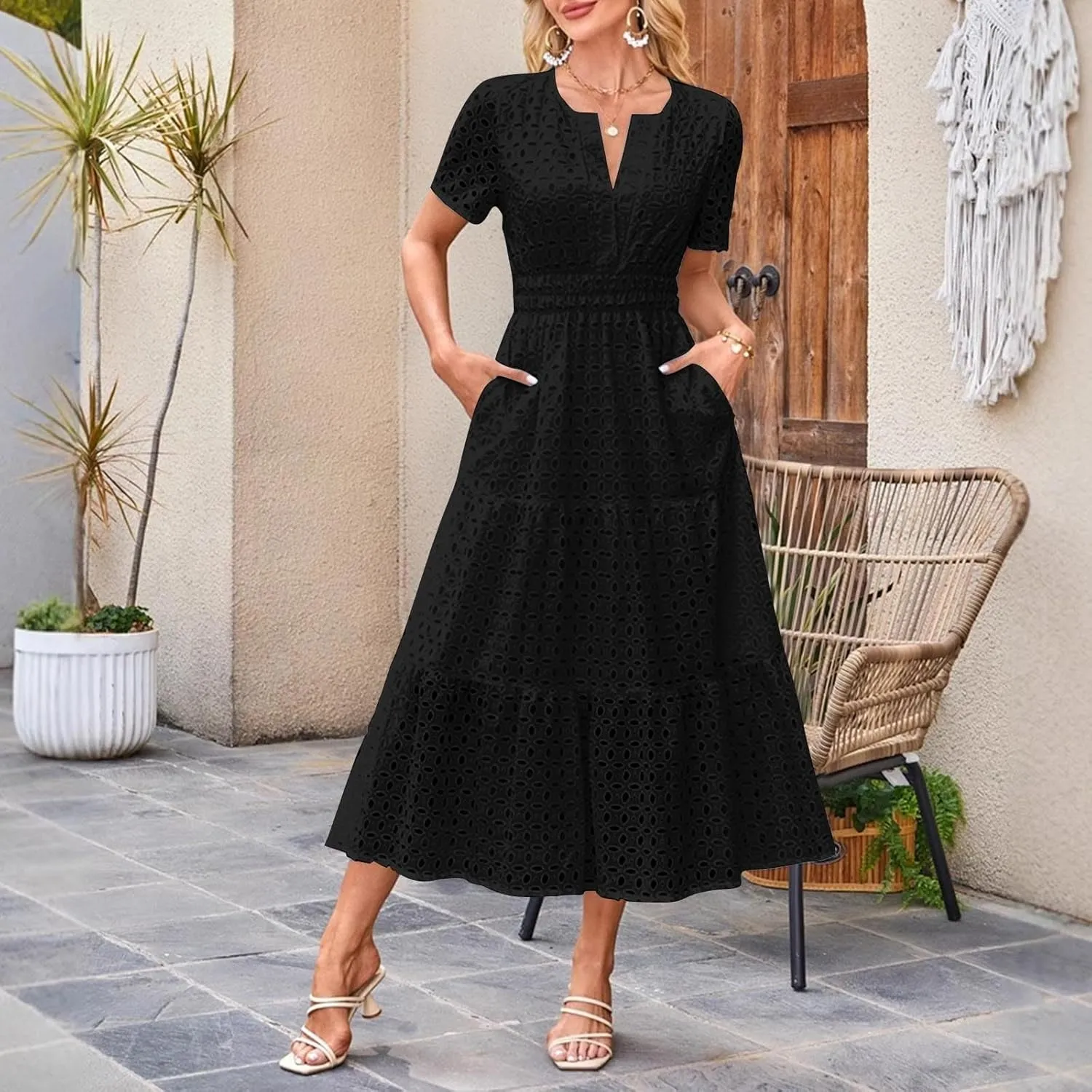 Summer Dresses for Women Cotton Eyelet Short Sleeve V Neck A Line Maxi Dress Casual Beach Coverups with Pockets