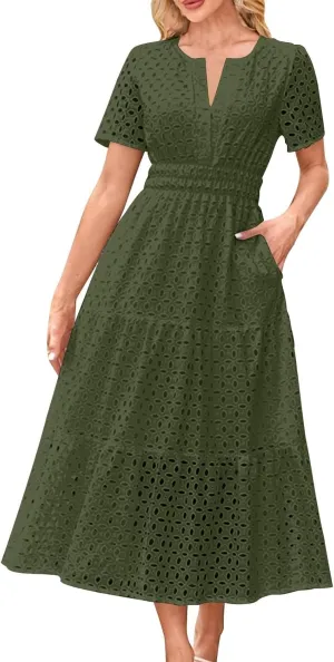 Summer Dresses for Women Cotton Eyelet Short Sleeve V Neck A Line Maxi Dress Casual Beach Coverups with Pockets