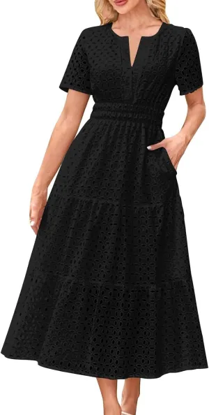 Summer Dresses for Women Cotton Eyelet Short Sleeve V Neck A Line Maxi Dress Casual Beach Coverups with Pockets