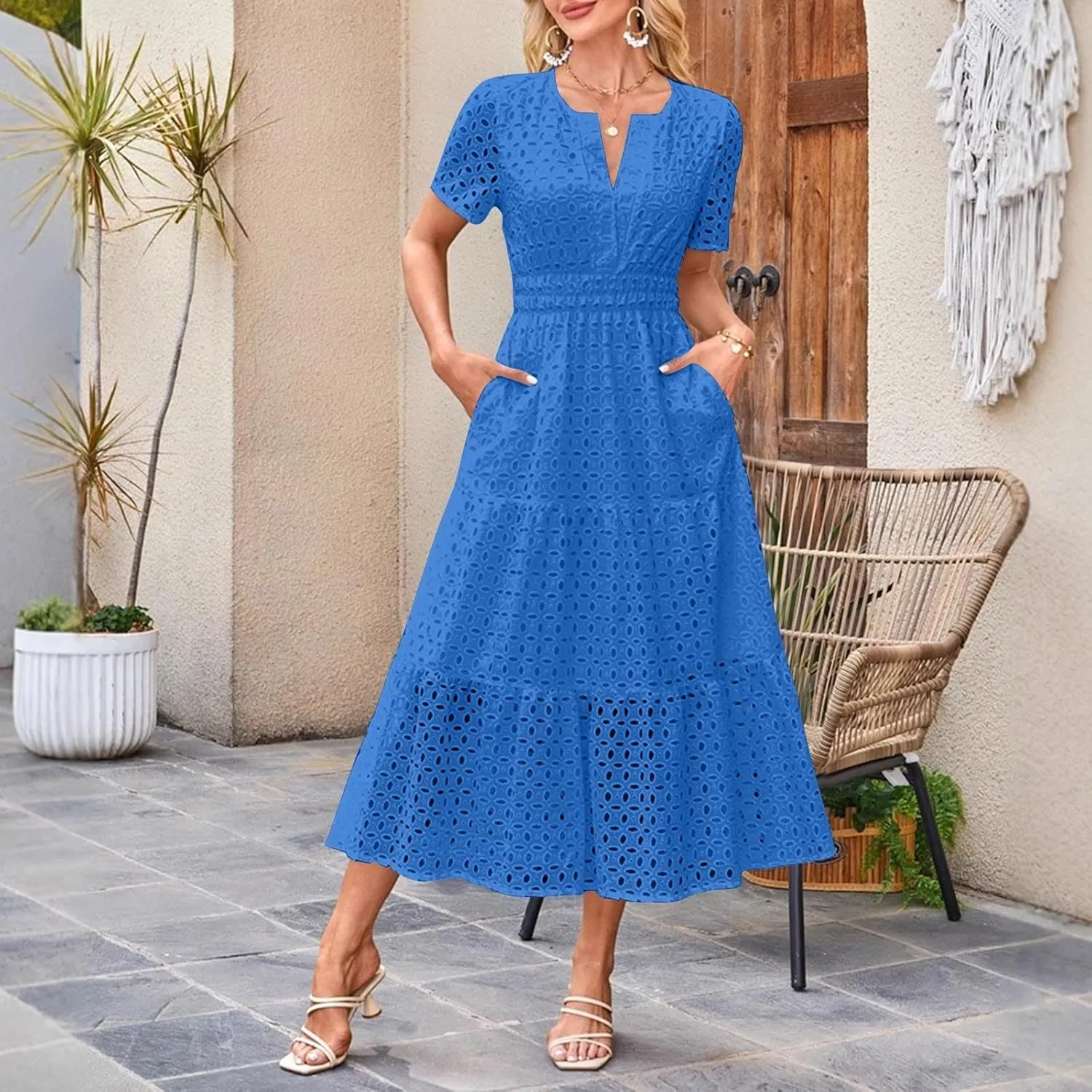 Summer Dresses for Women Cotton Eyelet Short Sleeve V Neck A Line Maxi Dress Casual Beach Coverups with Pockets