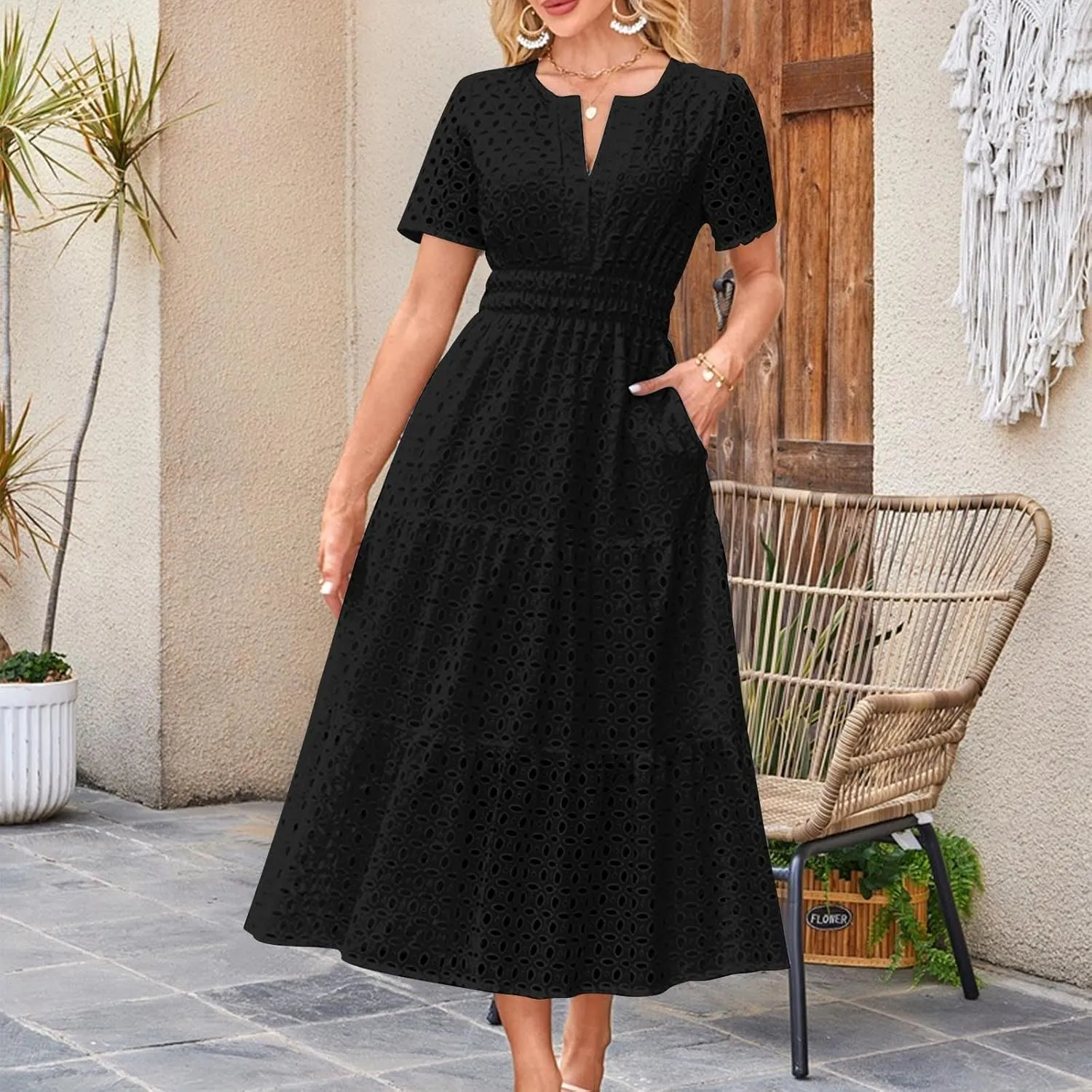 Summer Dresses for Women Cotton Eyelet Short Sleeve V Neck A Line Maxi Dress Casual Beach Coverups with Pockets