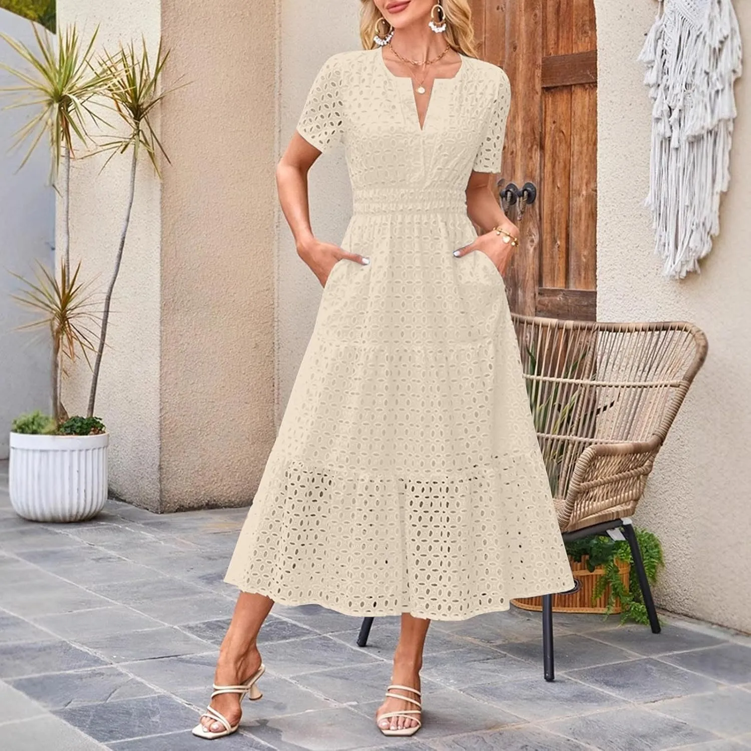 Summer Dresses for Women Cotton Eyelet Short Sleeve V Neck A Line Maxi Dress Casual Beach Coverups with Pockets