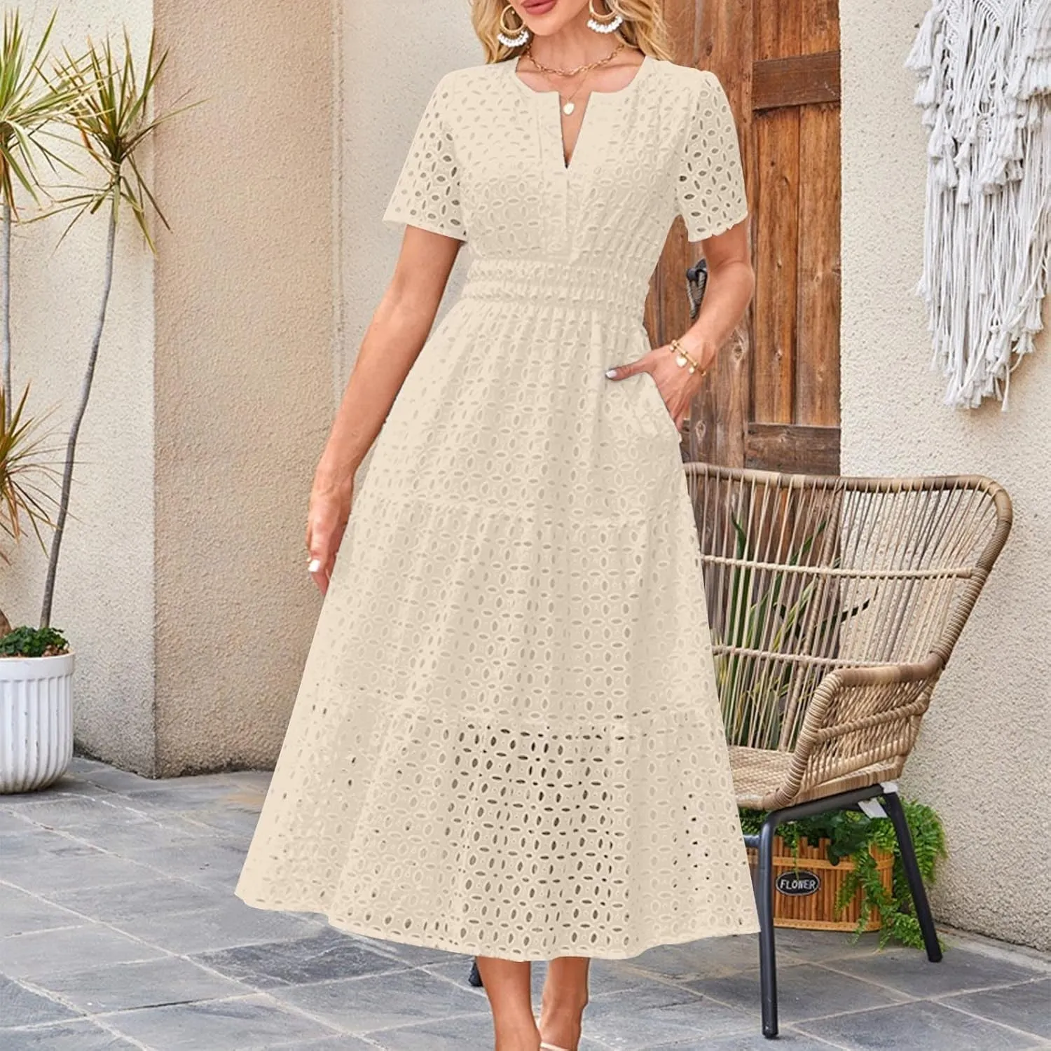 Summer Dresses for Women Cotton Eyelet Short Sleeve V Neck A Line Maxi Dress Casual Beach Coverups with Pockets