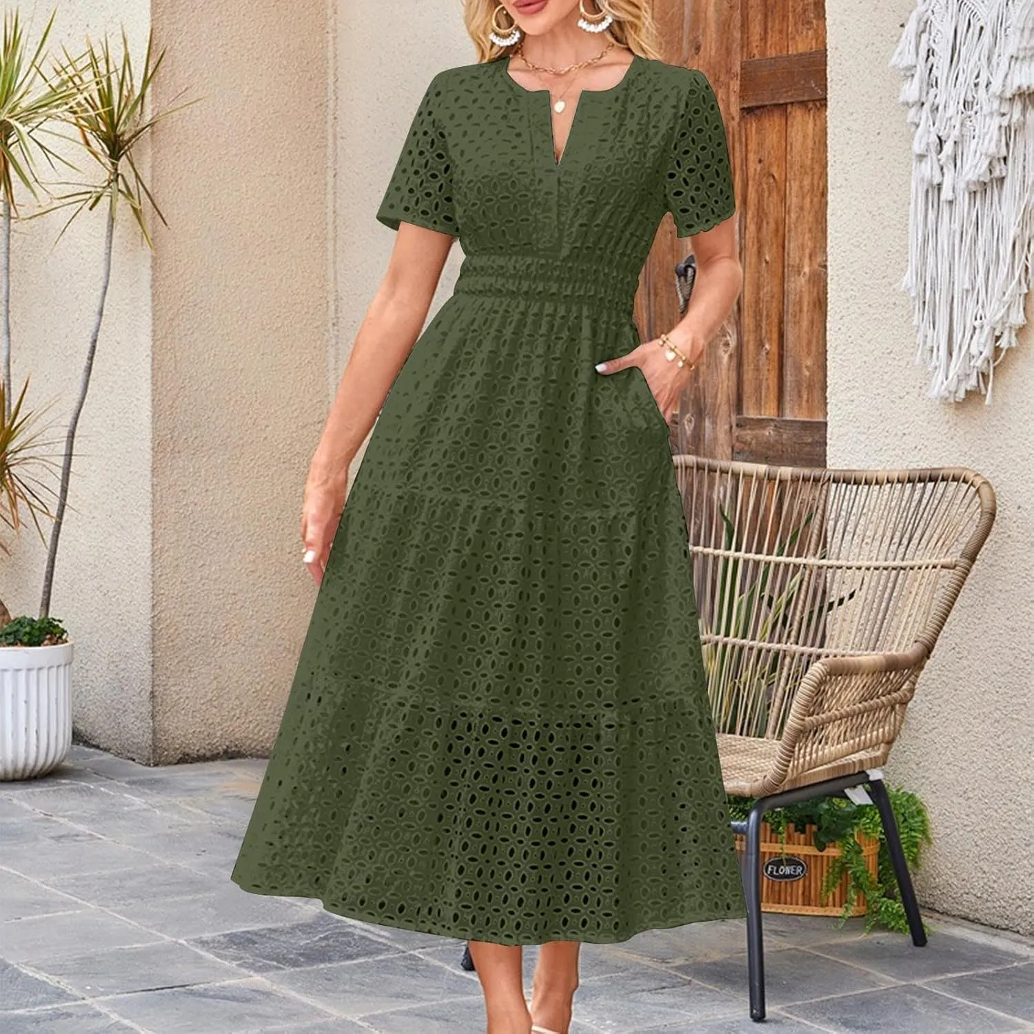 Summer Dresses for Women Cotton Eyelet Short Sleeve V Neck A Line Maxi Dress Casual Beach Coverups with Pockets