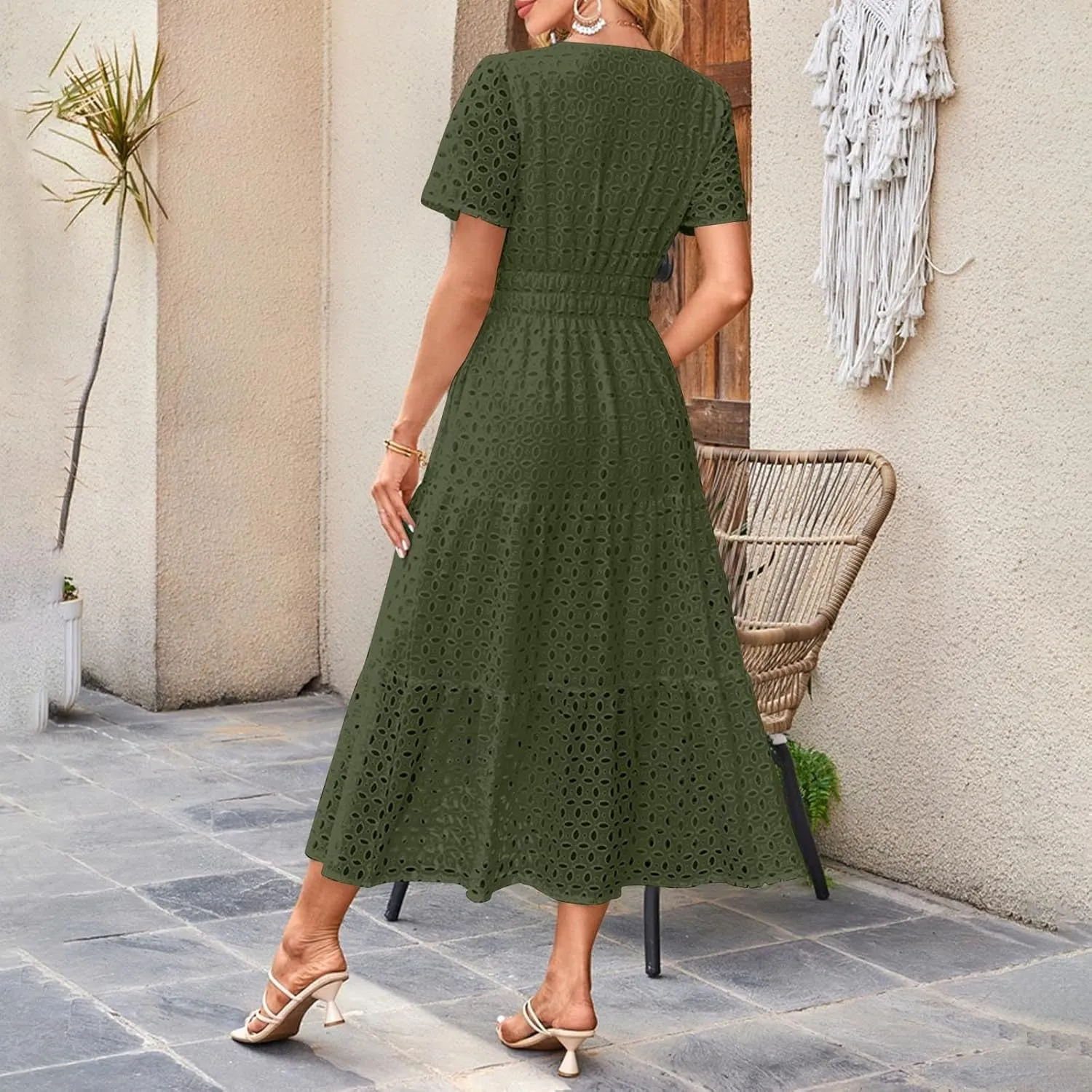 Summer Dresses for Women Cotton Eyelet Short Sleeve V Neck A Line Maxi Dress Casual Beach Coverups with Pockets