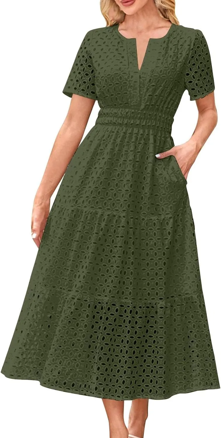 Summer Dresses for Women Cotton Eyelet Short Sleeve V Neck A Line Maxi Dress Casual Beach Coverups with Pockets