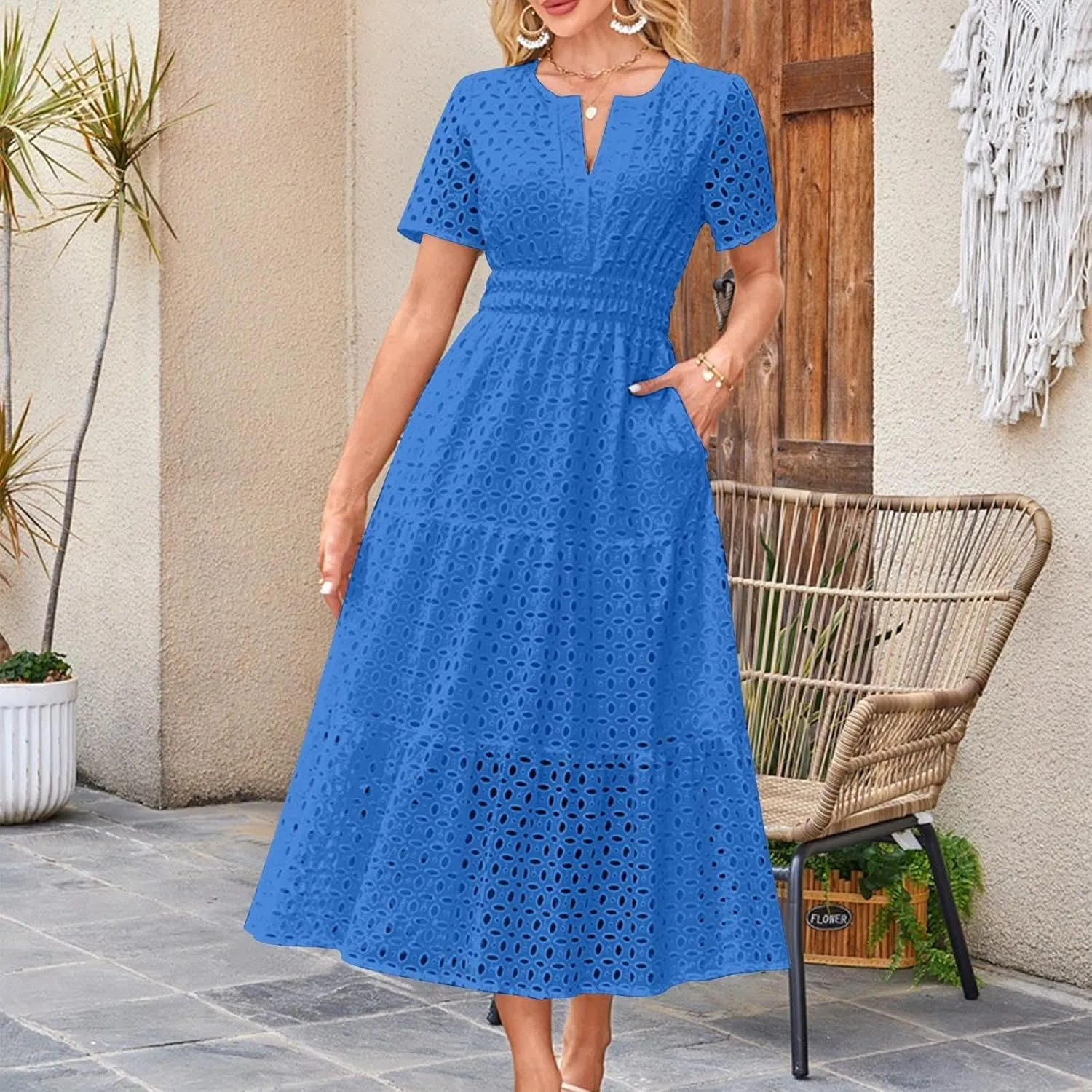 Summer Dresses for Women Cotton Eyelet Short Sleeve V Neck A Line Maxi Dress Casual Beach Coverups with Pockets