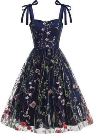 Summer Dresses for Women Floral Mesh Lace Embroidery Spaghetti Strap Midi Sun Dress Dressy Cute Layered Party Dress