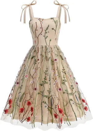 Summer Dresses for Women Floral Mesh Lace Embroidery Spaghetti Strap Midi Sun Dress Dressy Cute Layered Party Dress