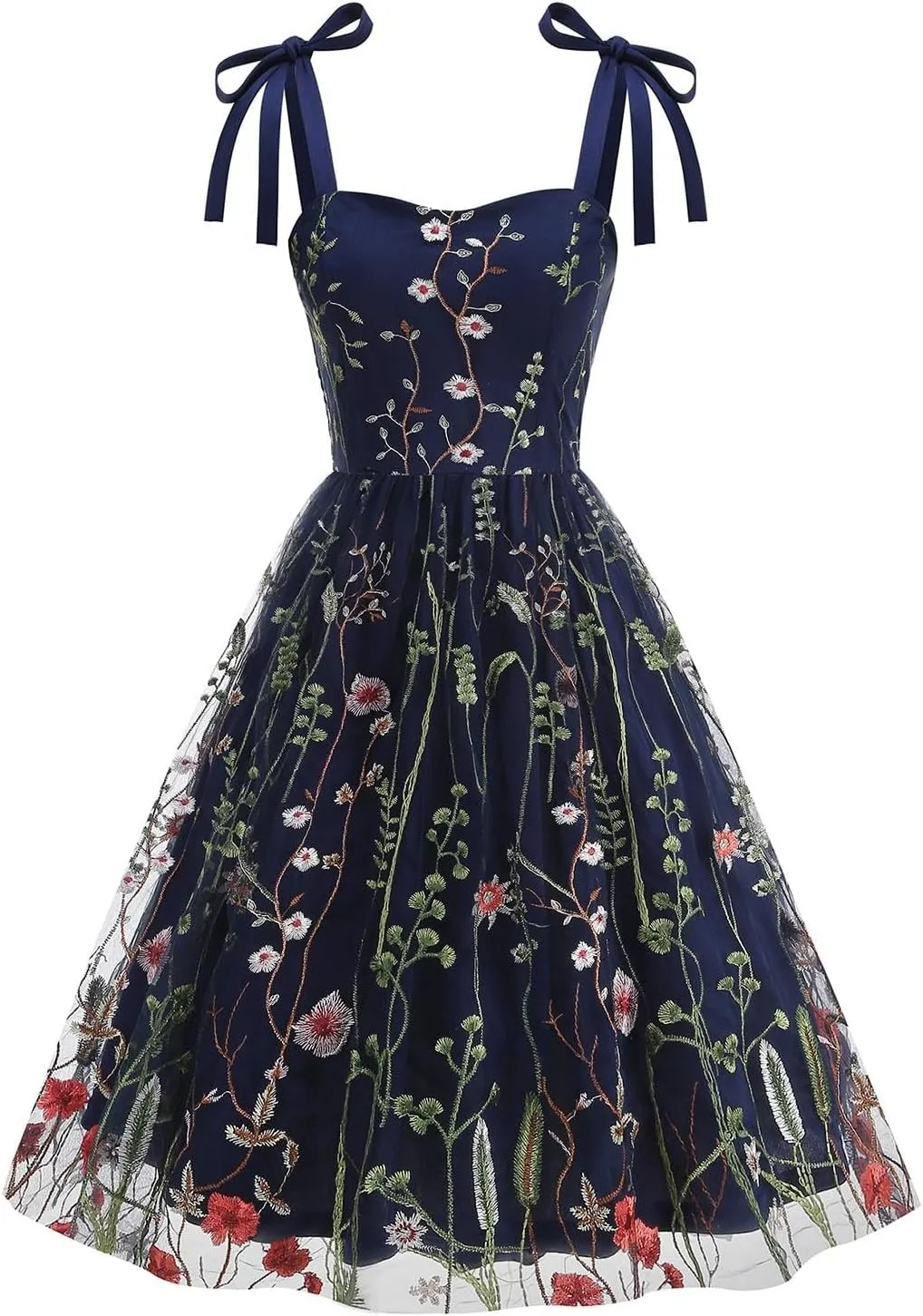Summer Dresses for Women Floral Mesh Lace Embroidery Spaghetti Strap Midi Sun Dress Dressy Cute Layered Party Dress