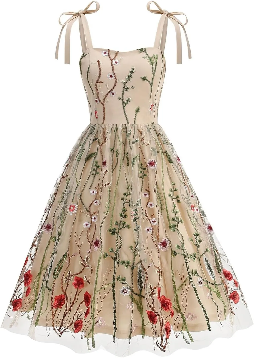 Summer Dresses for Women Floral Mesh Lace Embroidery Spaghetti Strap Midi Sun Dress Dressy Cute Layered Party Dress