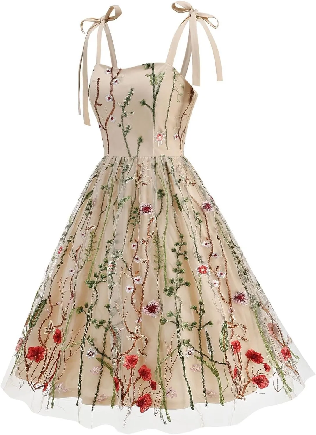 Summer Dresses for Women Floral Mesh Lace Embroidery Spaghetti Strap Midi Sun Dress Dressy Cute Layered Party Dress