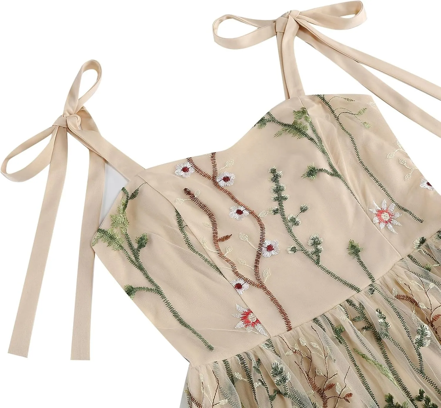 Summer Dresses for Women Floral Mesh Lace Embroidery Spaghetti Strap Midi Sun Dress Dressy Cute Layered Party Dress