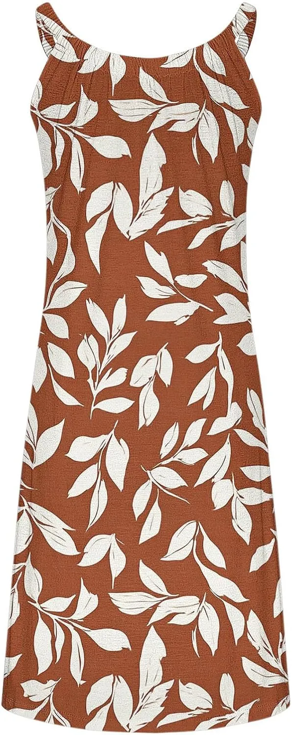 Summer Hawaiian Dresses for Women Loose Fit Beach Vacation Casual Crew Neck Sleeveless Sundresses Flowy Tank Dress