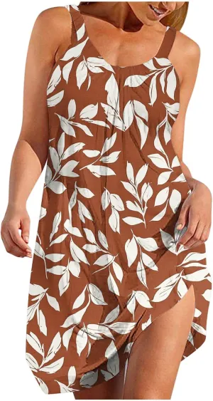 Summer Hawaiian Dresses for Women Loose Fit Beach Vacation Casual Crew Neck Sleeveless Sundresses Flowy Tank Dress