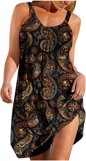 Summer Hawaiian Dresses for Women Loose Fit Beach Vacation Casual Crew Neck Sleeveless Sundresses Flowy Tank Dress